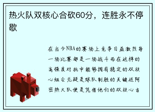 热火队双核心合砍60分，连胜永不停歇